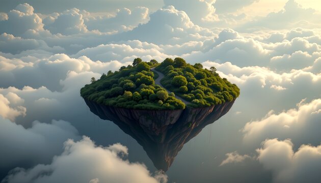 A floating, inverted triangular island hovers amidst a sea of clouds