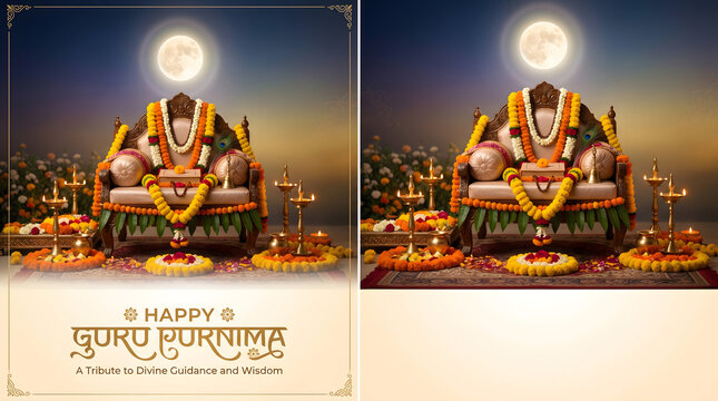 Happy Guru Purnima illustration featuring decorated guru paduka with floral garlands, sacred lamps, and a radiant full moon, ideal for devotional posters, greeting cards, wallpapers, and social media 
