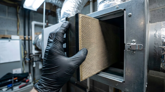 Energy recovery ventilator core replacement | HVAC technician maintaining ventilation system | Residential air quality filter installation | ERV unit maintenance and service