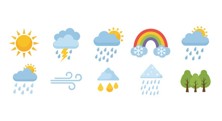 Fototapeta premium Flat weather forecast icons with sun rain and snow symbols