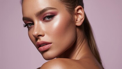 Fototapeta premium Portrait of a young woman with long hair and glamorous makeup, showcasing a soft pink background that enhances her striking features and beauty