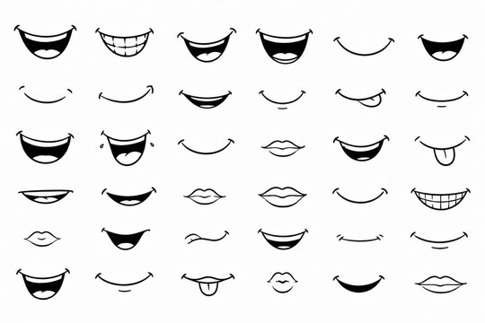 Collection of various human mouth shapes and smile expressions in black line art style