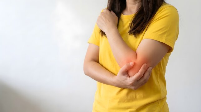 A woman experiences elbow pain, holding her arm in discomfort due to injury or medical condition, conceptual healthcare image.