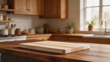 Fototapeta premium Clean wooden cutting board placed on rustic kitchen countertop, empty chopping block ready for food preparation