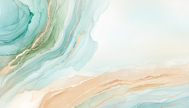 Ethereal turquoise coastal marble geode background with elegant fluid gold ink lines