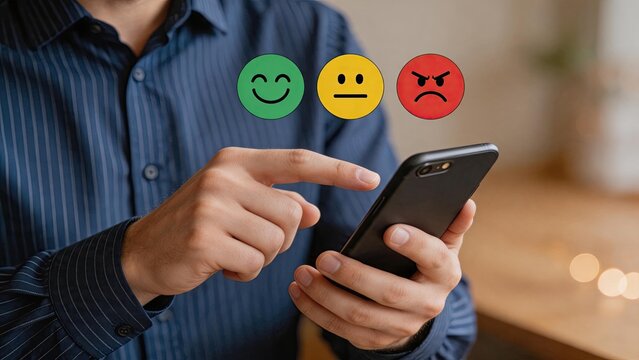 Customer satisfaction survey concept with smiley face emojis on mobile phone screen, user feedback rating system, service quality evaluation and client experience management.