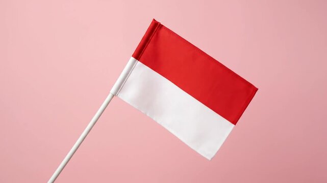 Indonesian flag on white pole against pink background
