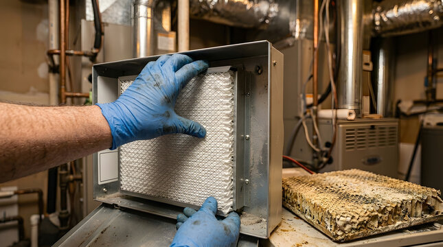 furnace humidifier filter replacement | HVAC maintenance home service | changing whole house humidifier pad | indoor air quality improvement