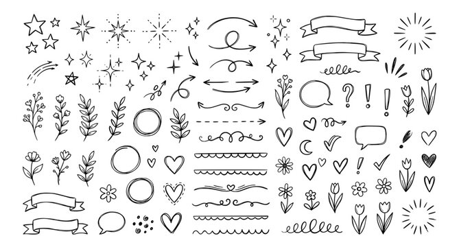 Pencil Doodle Effects and Decorative Sketch Elements with Hearts Sparkles and Floral Shapes Vector Collection
