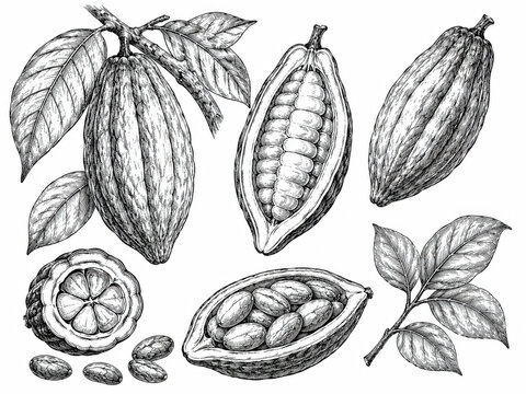 Hand drawn illustration of cacao pods and leaves for chocolate production