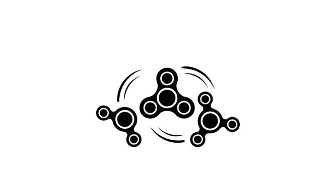 Black and white vector illustration of fidget spinners rotating on white background