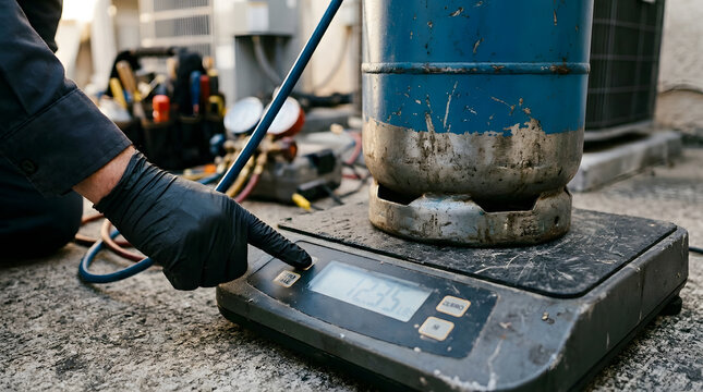 HVAC technician weighing refrigerant tank | air conditioning system maintenance service | charging HVAC unit with refrigerant gas | professional refrigeration repair tools
