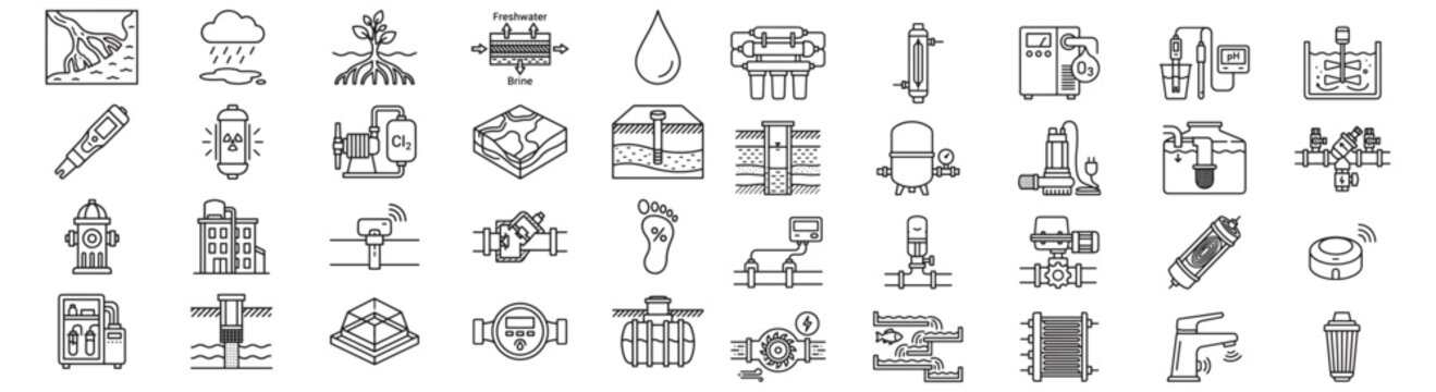 Water Treatment And Filtration Line Icon Set &mdash; Pumps, Valves, Sensors, Tanks, Filters, Monitoring