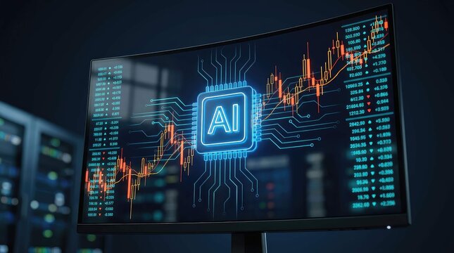 Artificial Intelligence and Financial Market Analysis: A futuristic computer screen displays an AI chip graphic superimposed on a stock market trading graph.