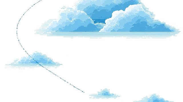 Digital pixel art illustration of blue clouds floating across a white background