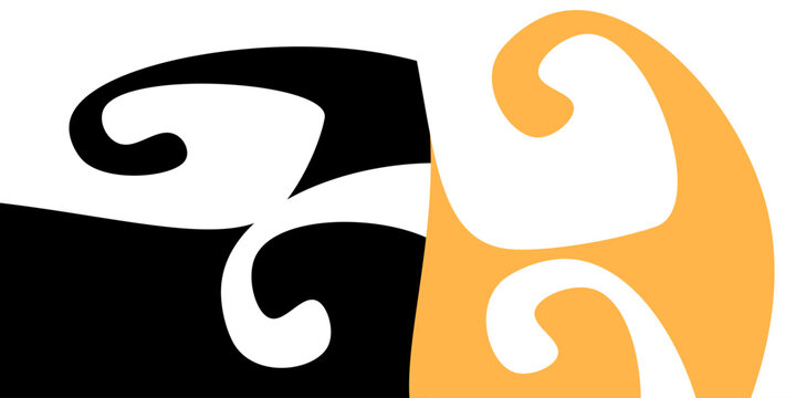 Abstract cultural wave art background. Minimalist Māori koru pattern design in black, orange, and white vector style.