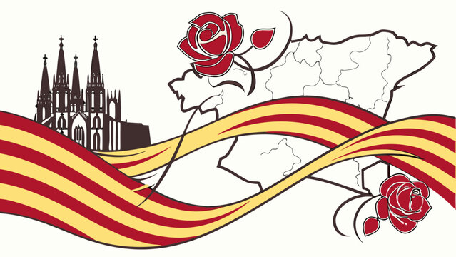 Catalonia national day illustration with catalan flag map roses and barcelona skyline celebrating culture heritage and regional identity