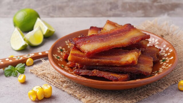 Crispy pork belly slices on ceramic plate