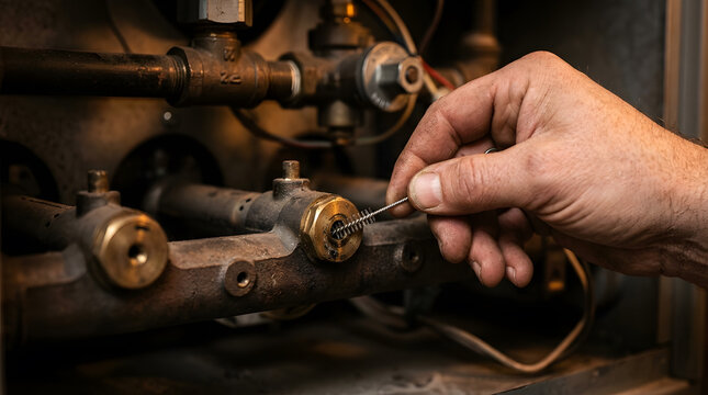 Professional HVAC technician cleaning gas furnace burner | Residential heating system maintenance and repair | Gas burner nozzle cleaning with wire brush | Boiler inspection and furnace tune up