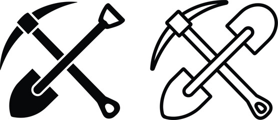Crossed pickaxe and shovel mining tools icon set, construction excavation equipment silhouette and outline vector © MASUMA