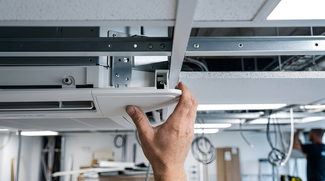 HVAC technician installing ceiling cassette AC | Professional air conditioning maintenance service | Commercial HVAC system repair and installation | Hand adjusting ceiling ventilation unit