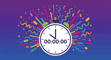 A clock striking midnight amidst colorful confetti and ribbons © Jinbe