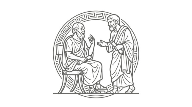 Ancient Greek philosophers debating logic in circular medallion.