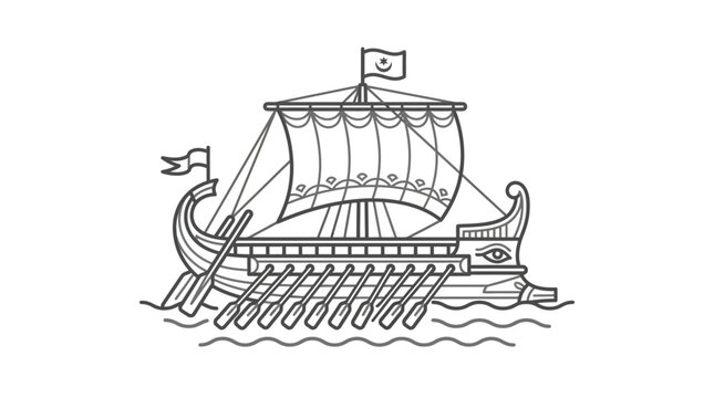Ancient Greek trireme galley ship with sail and oars.