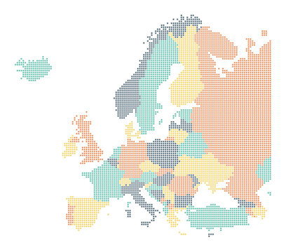 The map displays the political borders and regions of Europe using small squares in various colors. Each area represents different countries and territories across the continent.