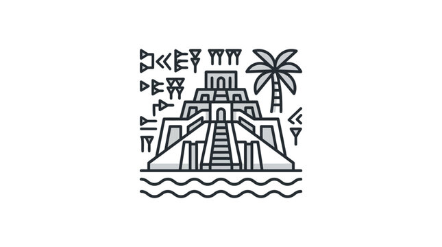 Ancient Mesopotamian ziggurat with cuneiform script and palm tree.