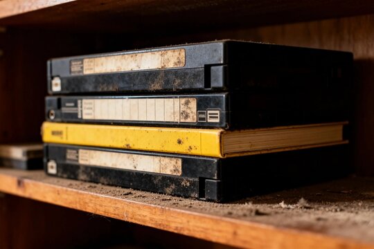 Stack of Old VHS Tapes on Dusty Shelf