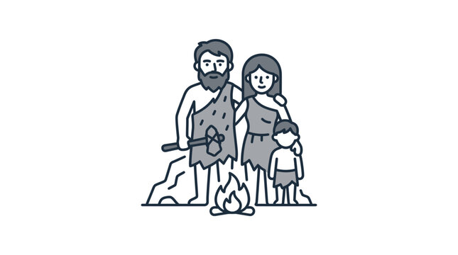 Caveman family with stone tools standing by bonfire.