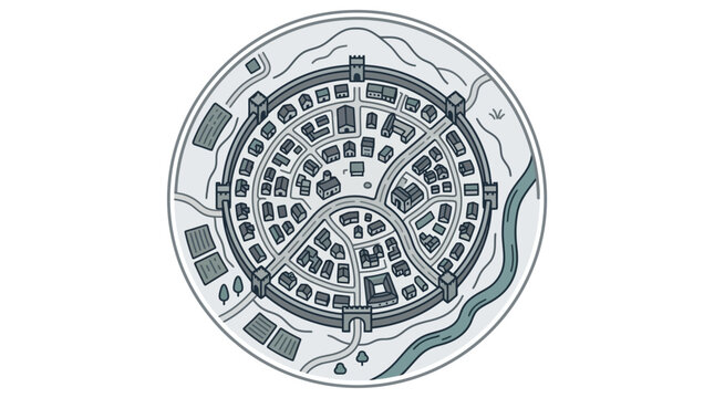 Circular medieval town map with defensive walls.