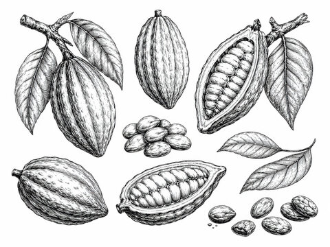 Hand drawn set of cocoa pods and beans with leaves in a vintage sketch style