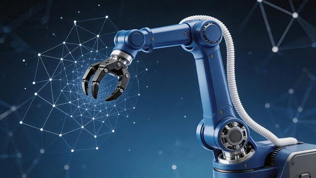 Blue robotic arm with gripper and digital network background, symbolizing automation, artificial intelligence, industrial robotics, smart manufacturing