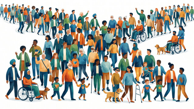 Large Community Crowd Featuring Diverse Ages, Ethnicities and Abilities, Vector People Illustration for Equal Opportunity and Social Inclusion Concept