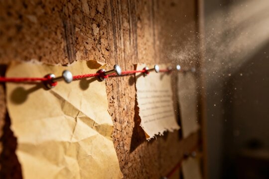 Vintage notes on corkboard with red string