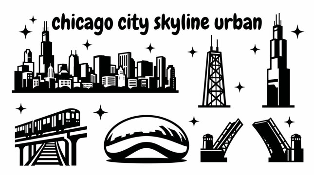 chicago city skyline urban architecture downtown set collection  landmark travel tourism america usa landscape metropolitan business culture modern historic destination famous district