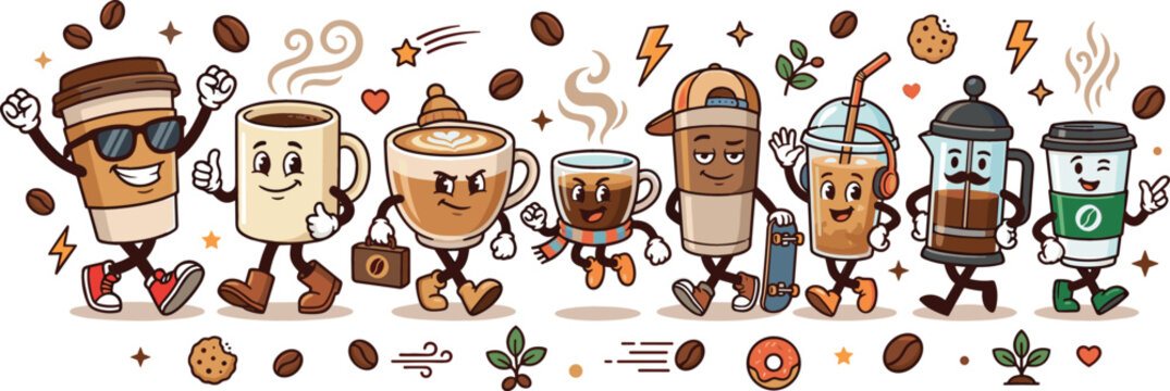 Cute coffee cup cartoon character sticker set featuring walking mugs beans donuts and retro cafeteria elements collection
