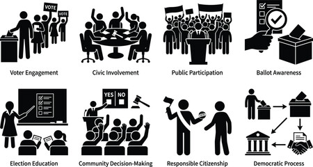 Fototapeta premium Democracy and Civic Participation Silhouette Collection with Voting Elections Public Engagement and Responsible Citizenship