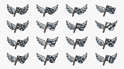 Obraz premium Corporate Icons Set of Checkered Flags with Angel Wings in Monochrome and Gradient Shades for Business Presentations