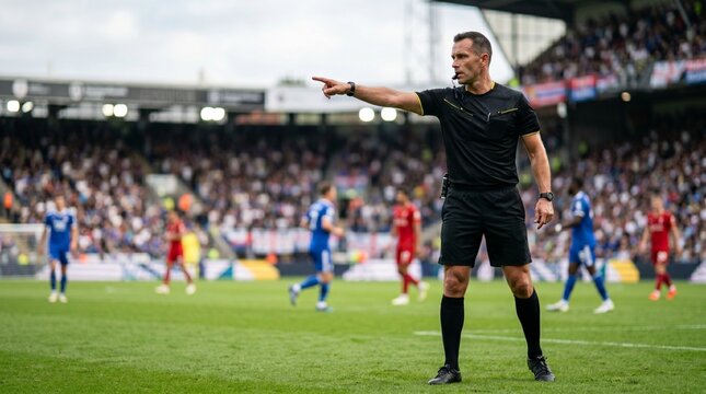 Professional soccer referee pointing decisively to signal a decision during a stadium match