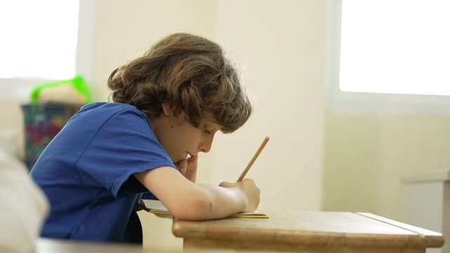 Focused schoolboy writes carefully in a notebook during class, showing concentration and learning progress.