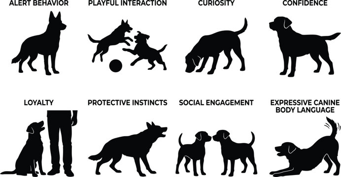 Dog Behavior Silhouette Collection with Canine Body Language Play Loyalty and Training Poses