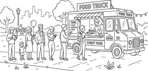 Obraz premium Food truck street festival coloring page featuring people queuing in park line art vector illustration collection