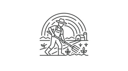 Farmer holding pitchfork in front of barn and sunrise. © Ucul