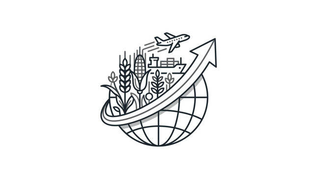 Global agricultural trade icon with airplane ship and globe.