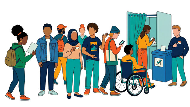 Diverse First-Time Voter Crowd Featuring Young Adults and Students, Civic Participation and Democratic Engagement Concept Illustration