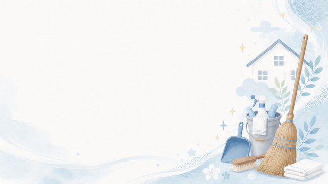 Japanese year end cleaning osoji background with cleaning tools, with copy space, flat illustration style