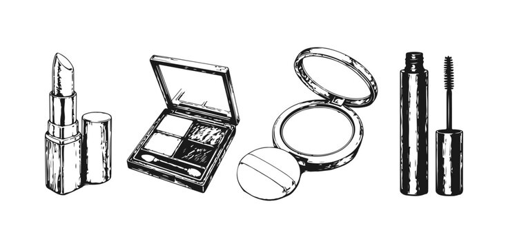 Simple hand drawn mascara, lipstick, powder, compact mirror, eyeshadow palette sketch set, engraved makeup beauty cosmetics illustration clip art.